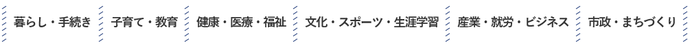 「暮らし・手続き」「子育て・教育」「健康・医療・福祉」「文化・スポーツ・生涯学習」「産業・就労・ビジネス」「市政・まちづくり」