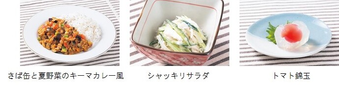 さば缶と夏野菜のキーマカレー風、シャッキリサラダ、トマト錦玉