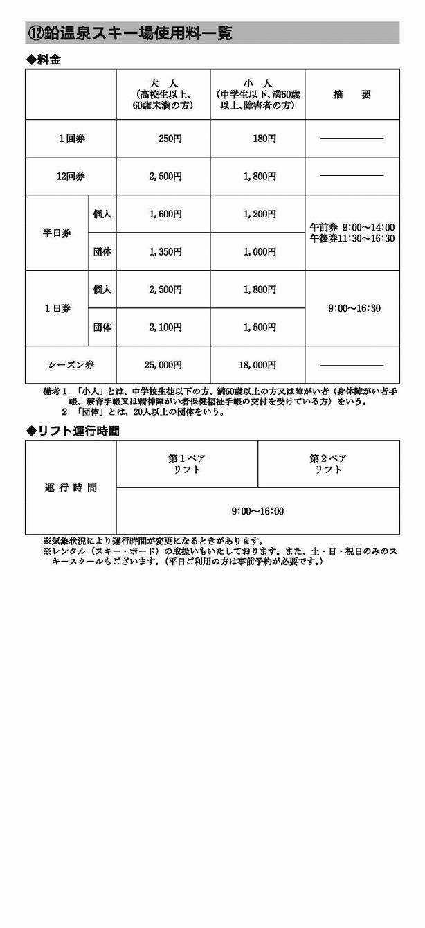 図6：鉛温泉スキー場使用料一覧