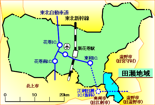 花巻市の中の田瀬地域地図