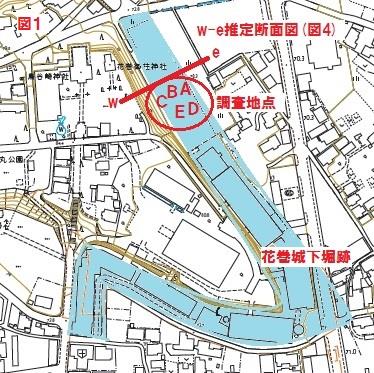 図1：試掘調査調査地点ABCDEと花巻城堀跡