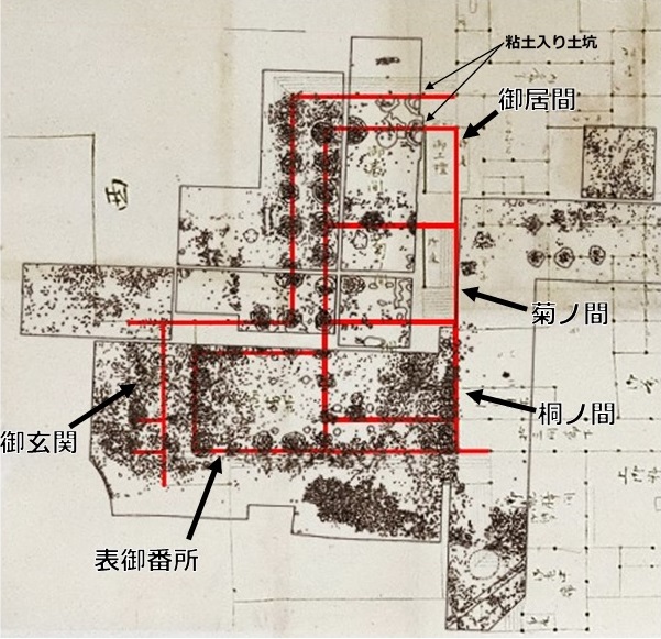 松川家本丸御殿図と遺構配置図の合成詳細図面