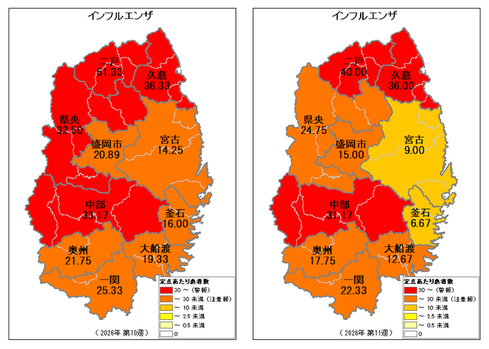 岩手県感染状況 2026年第10週（県全体26.33）・第11週（県全体20.98）