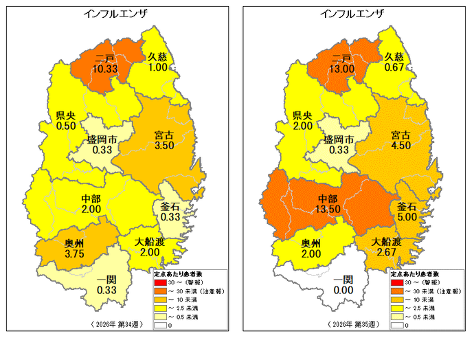 岩手県感染状況 2026年第34週（県全体2.10）・第35週（県全体4.33）