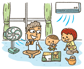 イラスト：エアコン、扇風機を使う家族