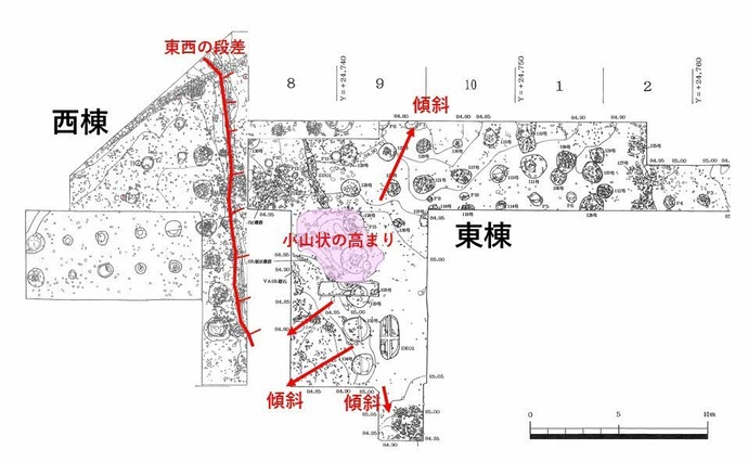 本丸御殿の構築面で観察された地面の起伏を示す図