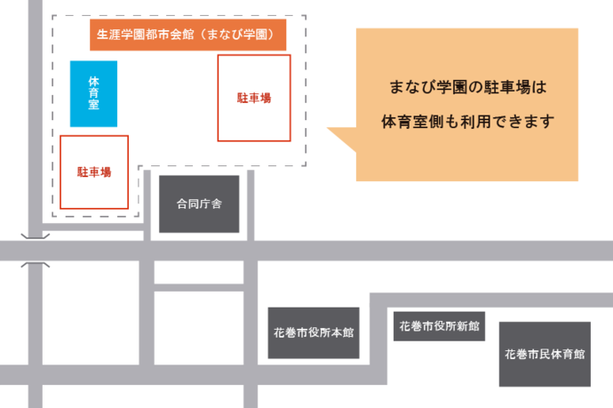 まなび学園駐車場案内図（体育室南側にも駐車場あります）